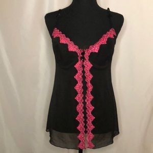 Black and pink embroidered baby doll lingerie. Size 38 C.